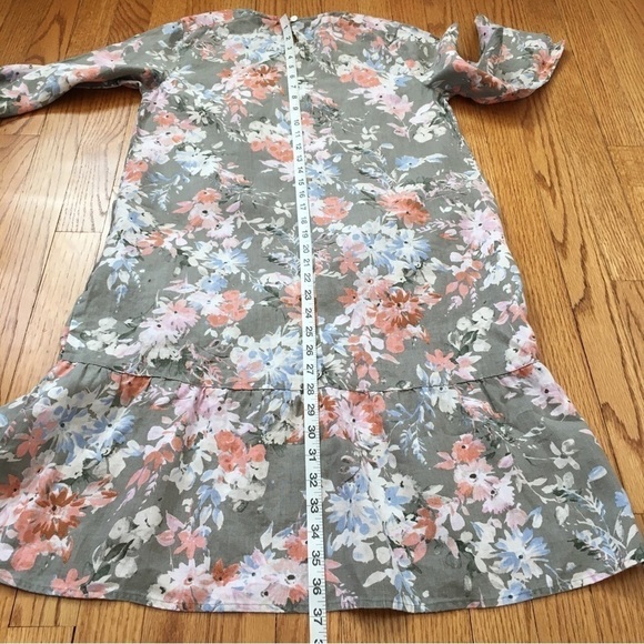 J. Jill 100%  Linen  Floral Ruffle Hem 3/4 long sleeves Crew Neck Relaxed Dress - Picture 14 of 16